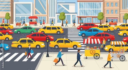 Busy City Street Traffic Jam with Pedestrians Crossing and Food Carts