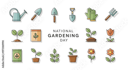 A flat lay illustration showcasing tools and plants for National Gardening Day, arranged on a clean white background with soft, pastel colors to evoke a peaceful gardening hobby