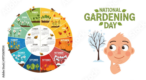 Vector illustration celebrating National Gardening Day with a circular seasonal planting guide and a whimsical cartoon face contemplating winter, set against a clean white background
