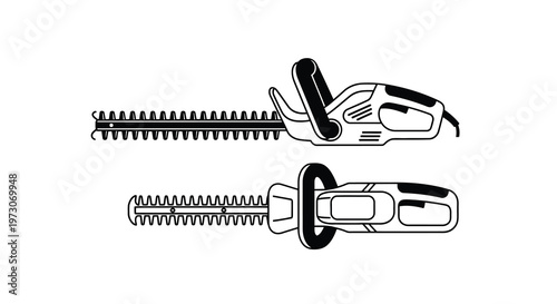 Two electric hedge trimmers in black and white line art style