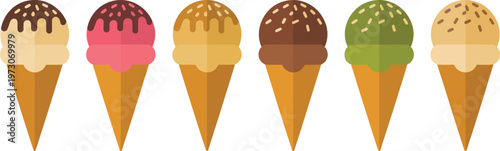  ice cream cones with assorted flavors toppings sprinkles chocolate drizzle colorful illustration