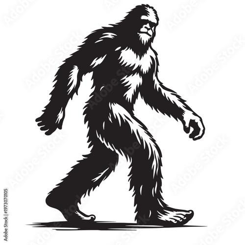 Bigfoot silhouette vector illustration, walking sasquatch cryptid icon, black and white mythical forest creature, legendary yeti mascot graphic