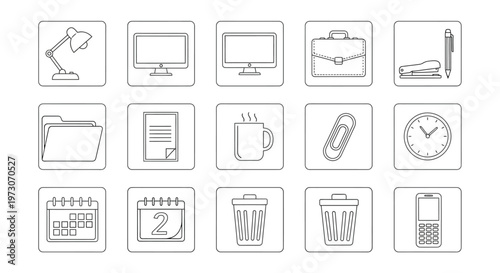 Line art icons depicting common office supplies and technology