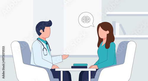 A compassionate doctor engages in a supportive conversation with a patient about mental well-being in a calm therapy setting. This Flat Design promotes awareness and support for mental health.