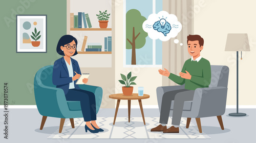 A compassionate doctor engages in a supportive conversation with a patient about mental well-being in a calm therapy setting. This Flat Design promotes awareness and support for mental health.