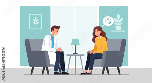 A compassionate doctor engages in a supportive conversation with a patient about mental well-being in a calm therapy setting. This Flat Design promotes awareness and support for mental health.