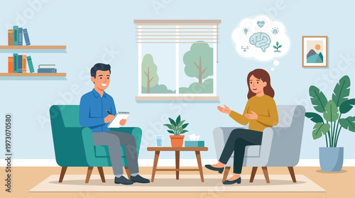 A compassionate doctor engages in a supportive conversation with a patient about mental well-being in a calm therapy setting. This Flat Design promotes awareness and support for mental health.