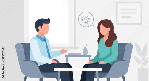 A compassionate doctor engages in a supportive conversation with a patient about mental well-being in a calm therapy setting. This Flat Design promotes awareness and support for mental health.