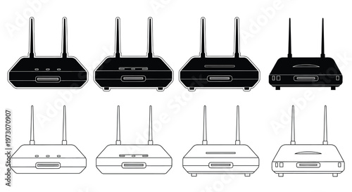 Black and white line art illustration of four wireless routers
