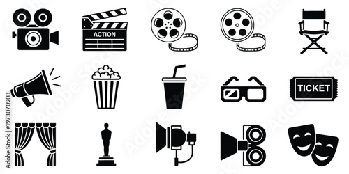 Classic Movie Icon Set with Silent Film Camera, Vintage Projector, Film Reel, Oscar Award, Cinema Ticket, Theater Masks and Megaphone, Retro Film Symbols, Professional Vector Illustration