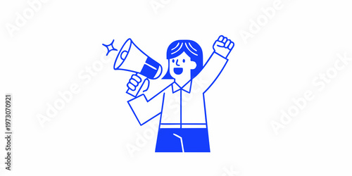 Woman enthusiastically speaks into a megaphone with arms raised high