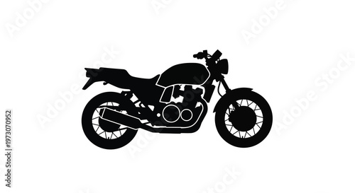 Silhouette of a classic motorcycle against a stark white background