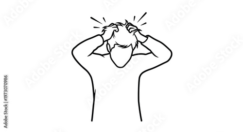 Line drawing depicting a person with hands in hair expressing frustration