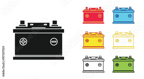 Illustration of multiple car batteries in various colors and styles