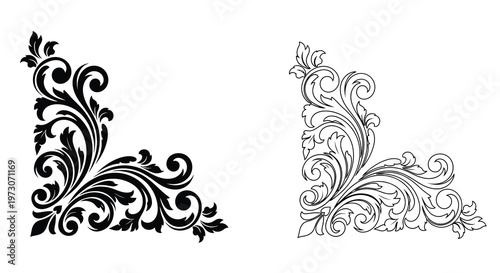 Elegant floral corner designs in black and white symmetrical composition