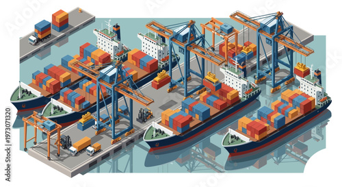 Container Ship Port Loading and Unloading with Cranes and Trucks