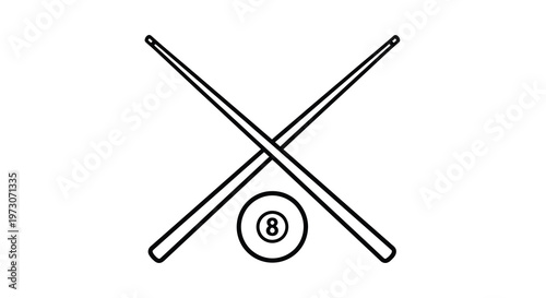 Simple line drawing of crossed pool cues and a black eight ball