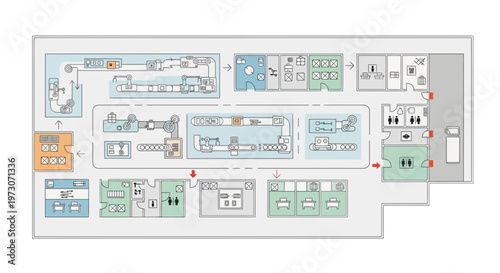 Modern Factory Floor Plan Layout, Production Line, Office, and Amenities