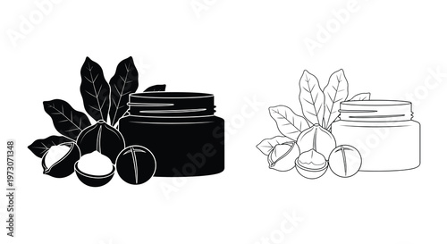Black and white illustration of macadamia nuts and cosmetic jars