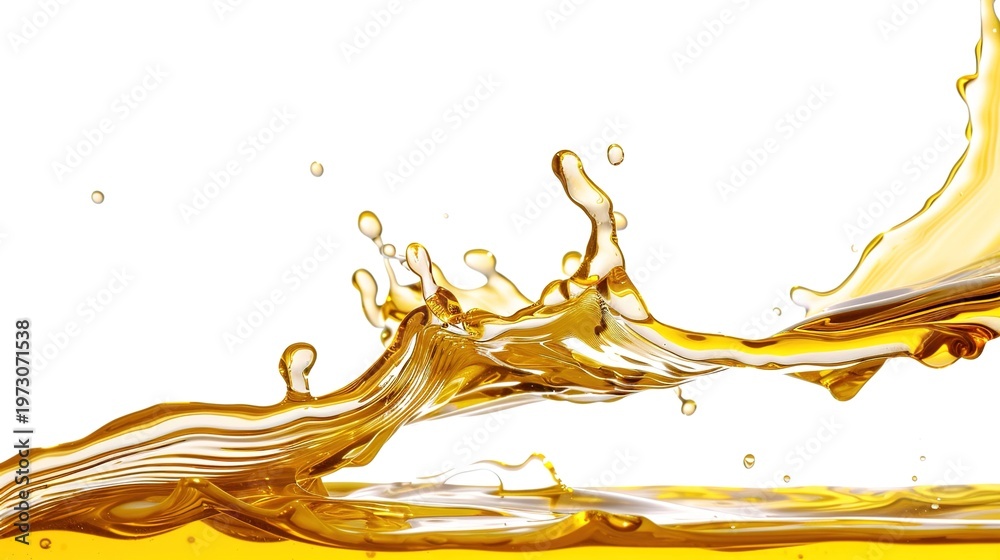 Fototapeta premium Close-up shot of a dynamic splash of oily liquid, fully isolated on a clean white background, highlighting the smooth texture, glossy surface, and transparent fluid movement. The high-definition detai