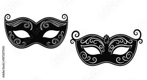 Two ornate venetian masks displayed against a white background silhouette