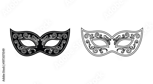 Two ornate venetian masks detailed designs black and white decorative silhouette