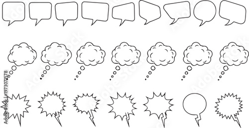 A collection of various hand drawn speech and thought bubbles for comic book design and graphics