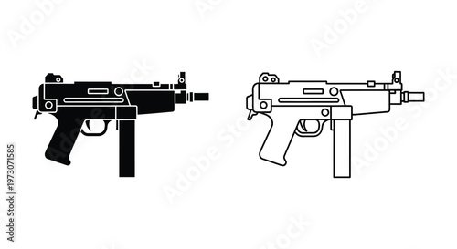 Two views of a submachine gun detailed outline illustration silhouette