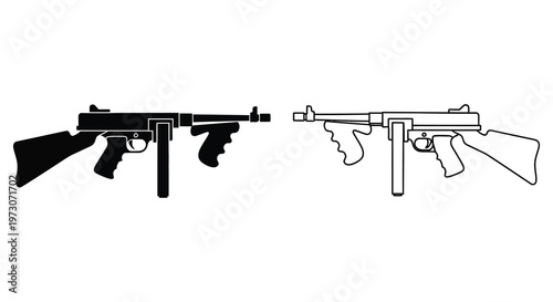 Two thompson submachine guns depicted in contrasting black and white silhouette
