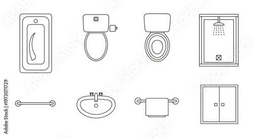 Bathroom Fixtures Outline - Sink, Toilet, Shower, and Accessories.