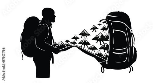 Adventurous hiker pulls a landscape of mountains from their backpack, symbolizing exploration and discovery.