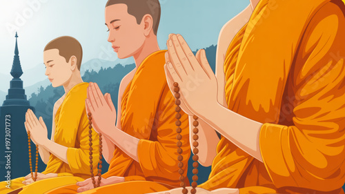 Buddhist monks meditating in prayer with rosary beads serene mountain landscape background