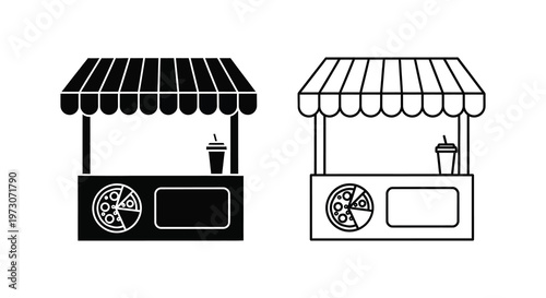 Two black and white vendor stall icons with drinks and pizza silhouette