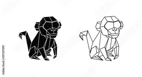 Geometric monkey design in black and white showcasing a polygonal silhouette