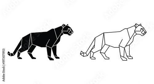 Geometric tiger designs a black form and a white outline silhouette