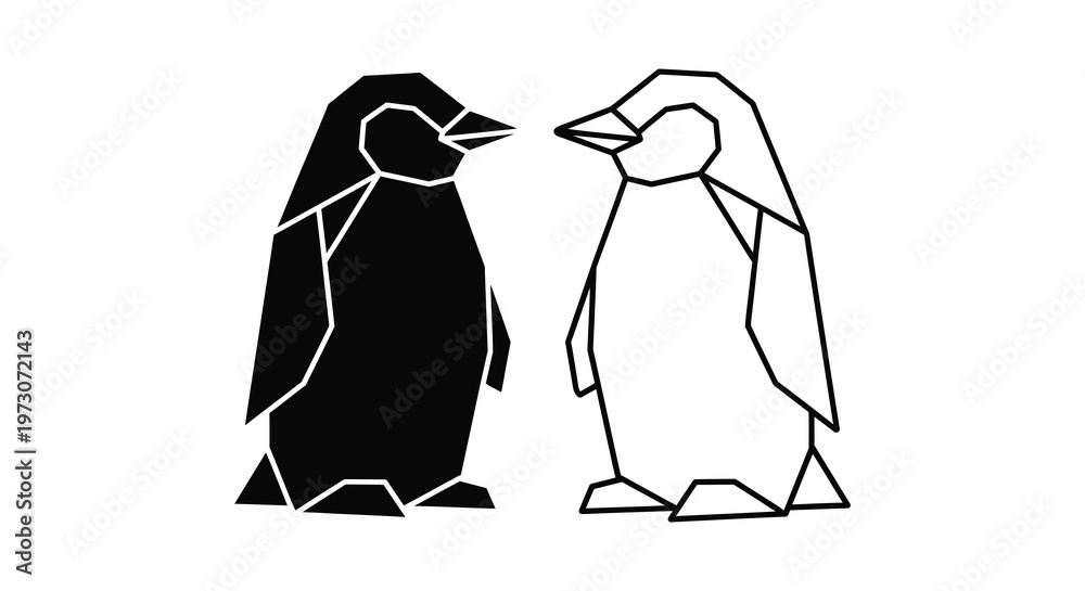 Obraz premium Two geometric penguins facing each other a striking black and white silhouette