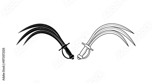 Two curved swords one black and one white presented as a striking silhouette