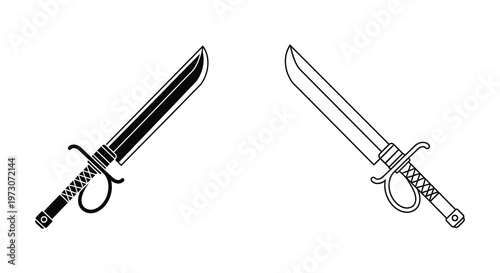 Two japanese swords a katana and wakizashi in black outline silhouette