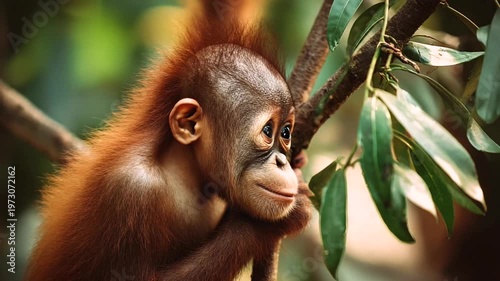 Young orangutan resting on a tree branch in nature