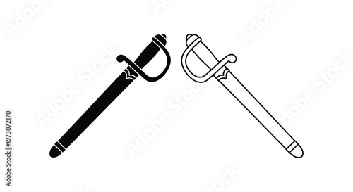 Two crossed sabers depicted in a stark black and white silhouette