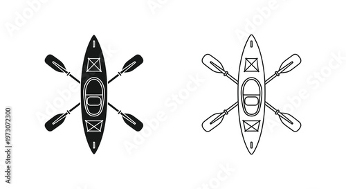 Two kayak outlines with paddles a black and white graphic illustration silhouette