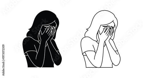 Woman covering face with hands depicted in contrasting styles a dark silhouette