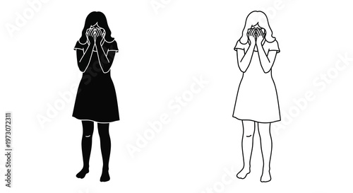 Two depictions of a woman covering her face one solid one outlined silhouette