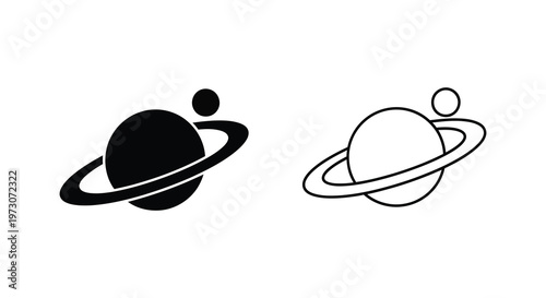 Two planetary icons one solid black and one outlined a striking silhouette
