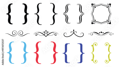 Ornate Vintage Brackets and Flourishes Collection, Decorative Frame Elements in Black, Red and Blue, Classic Victorian Style Design Set, Elegant Scroll Ornaments, Vector Illustration