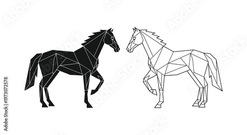 Geometric horse designs in black and white a striking polygonal silhouette
