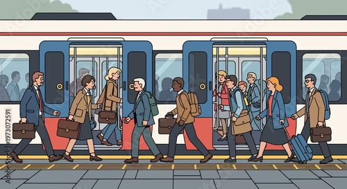 Commuters boarding and disembarking a subway train during rush hour