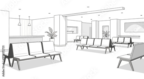 Modern waiting room interior, architectural sketch of reception area with seating and plants.