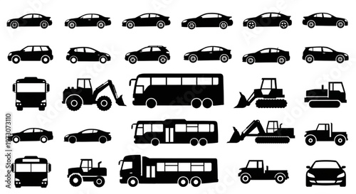 Modern Car and Heavy Vehicle Silhouettes Vector Set – Transport Truck and Automotive Collection
