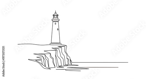 Minimalist line art of a lighthouse standing tall on a cliff overlooking the sea